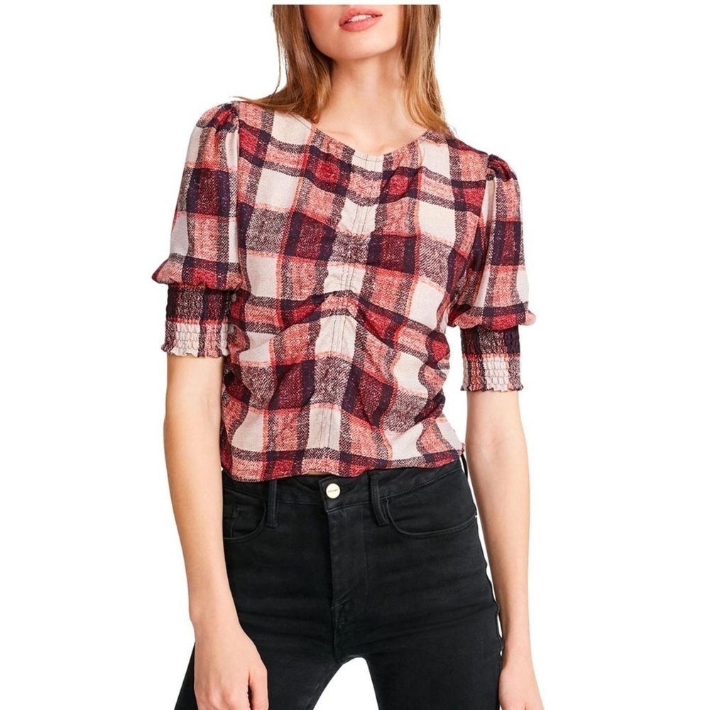 BB Dakota by Steve Madden Idea Red Plaid Ruched Shirt Pullover Top NWT